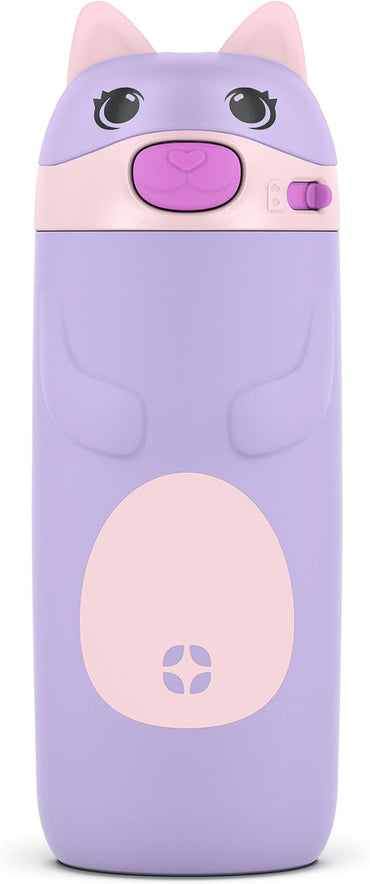 12 oz Vacuum Insulated Stainless Steel Kids Water Bottle with Straw Leakproof Locking Lid Carry Handle Animal Design Cat