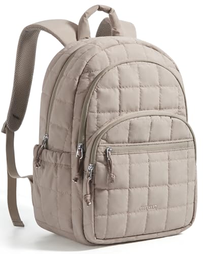 15.6 Inch Laptop Backpack for Women Quilted Water-Resistant Travel Bag with Trolley Sleeve Camel