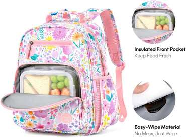 Kids Backpack 15 Inch School Bookbag for Girls Elementary with Insulated Pocket Flower Pink