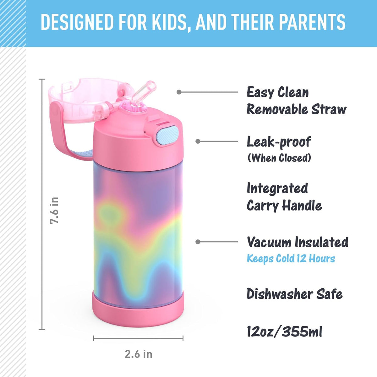 12 oz Kids Vacuum Insulated Stainless Steel Water Bottle with Straw Push-Button Lid BPA-Free