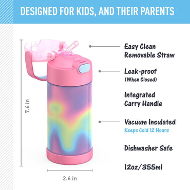 12 oz Kids Vacuum Insulated Stainless Steel Water Bottle with Straw Push-Button Lid BPA-Free