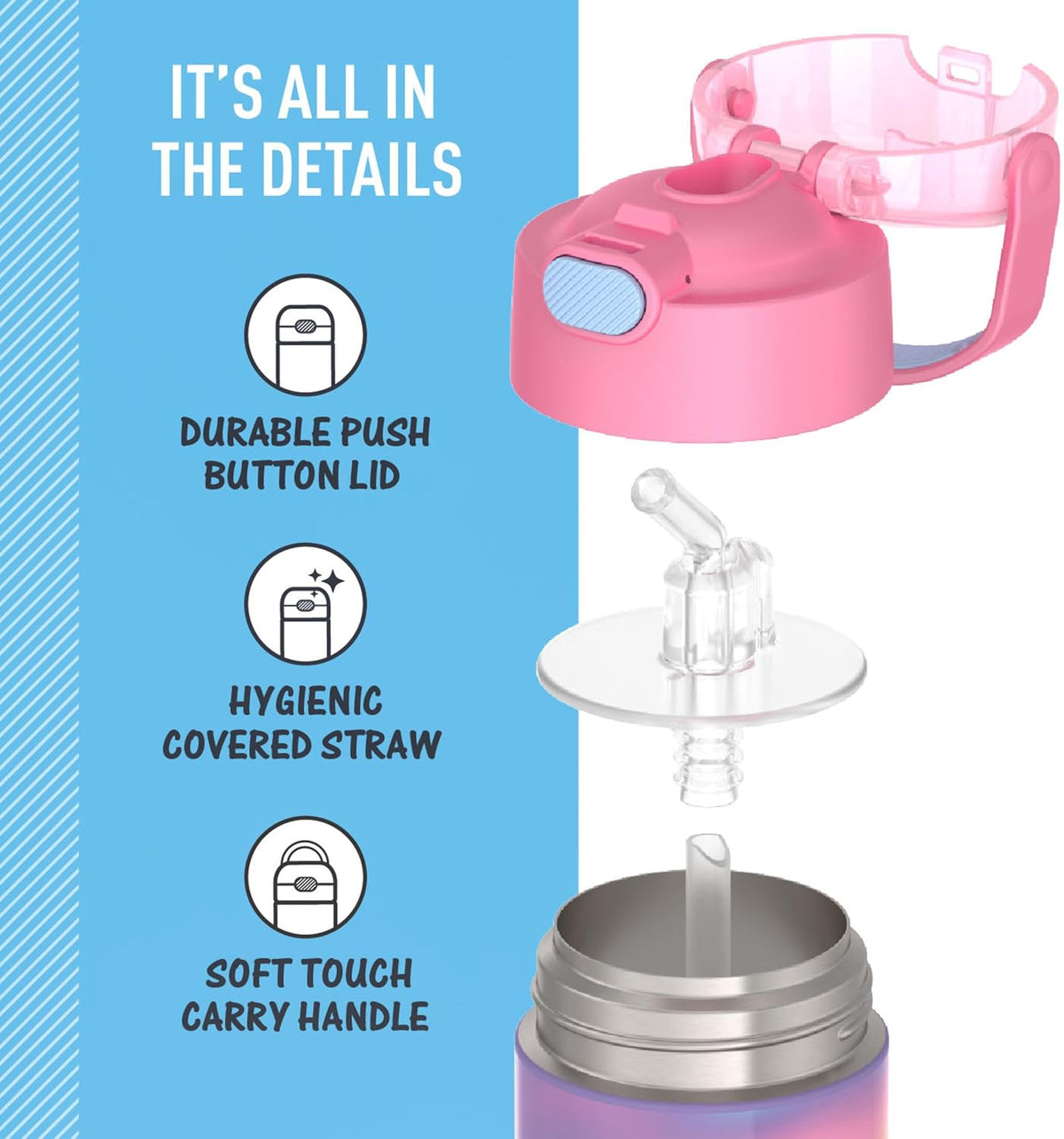 12 oz Kids Vacuum Insulated Stainless Steel Water Bottle with Straw Push-Button Lid BPA-Free