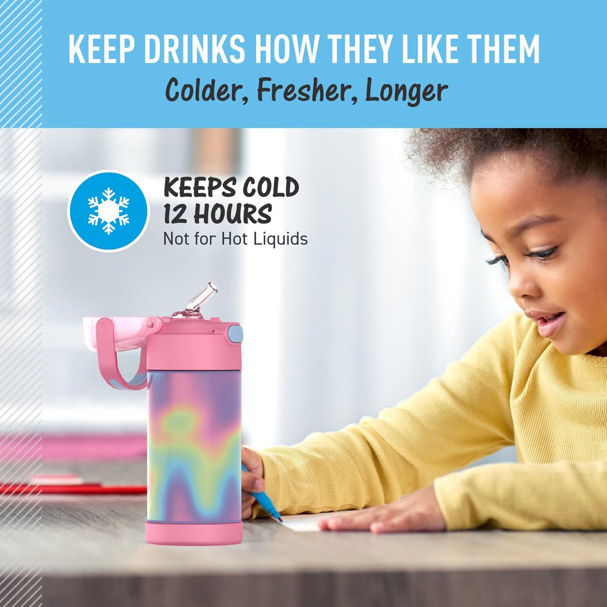 12 oz Kids Vacuum Insulated Stainless Steel Water Bottle with Straw Push-Button Lid BPA-Free