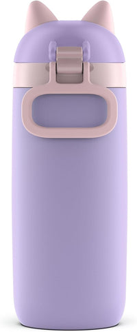 12 oz Vacuum Insulated Stainless Steel Kids Water Bottle with Straw Leakproof Locking Lid Carry Handle Animal Design Cat