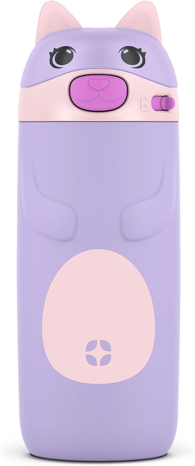 12 oz Vacuum Insulated Stainless Steel Kids Water Bottle with Straw Leakproof Locking Lid Carry Handle Animal Design Cat