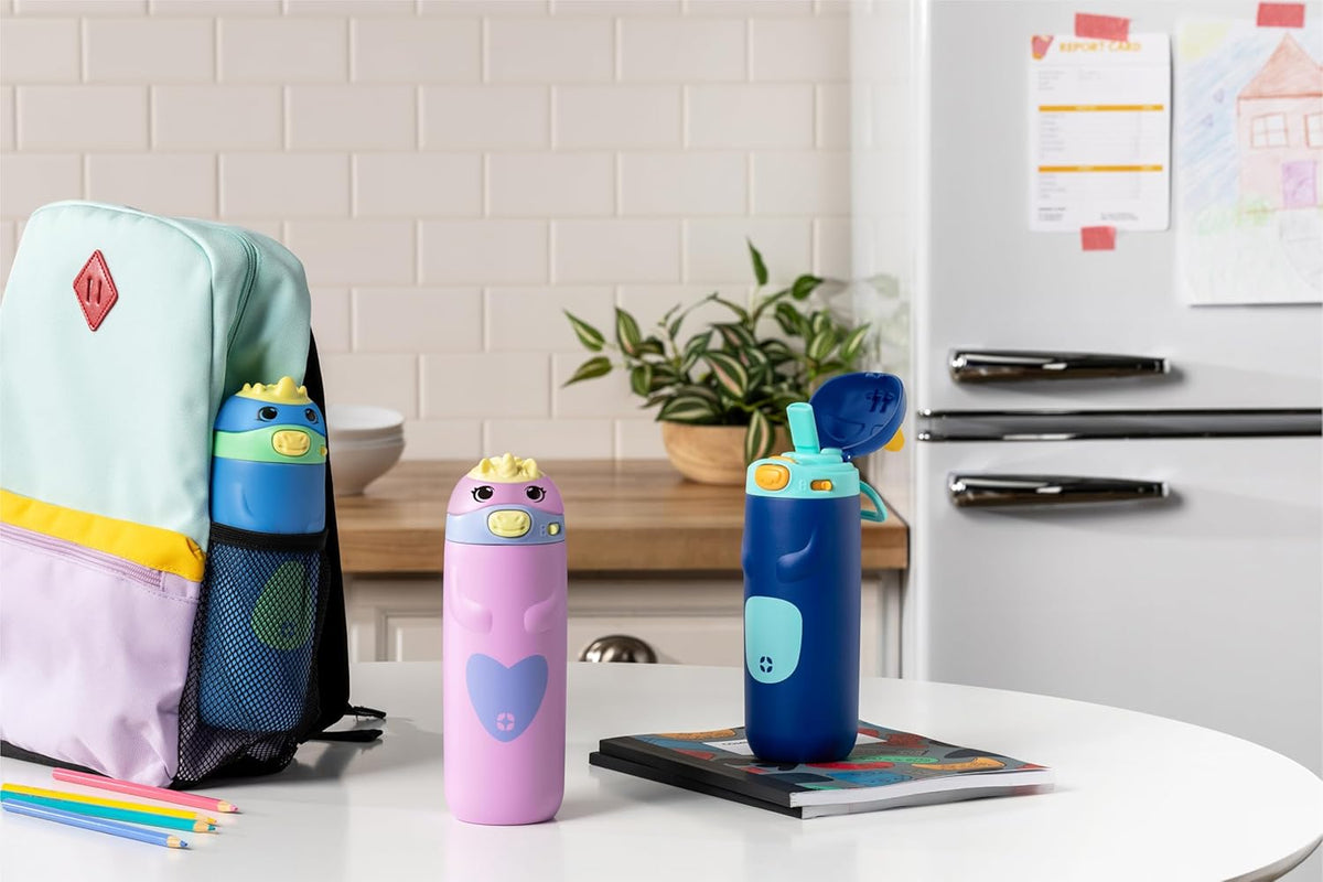 12 oz Vacuum Insulated Stainless Steel Kids Water Bottle with Straw Leakproof Locking Lid Carry Handle Animal Design