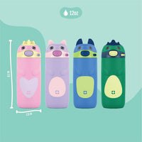 12 oz Vacuum Insulated Stainless Steel Kids Water Bottle with Straw Leakproof Locking Lid Carry Handle Animal Design