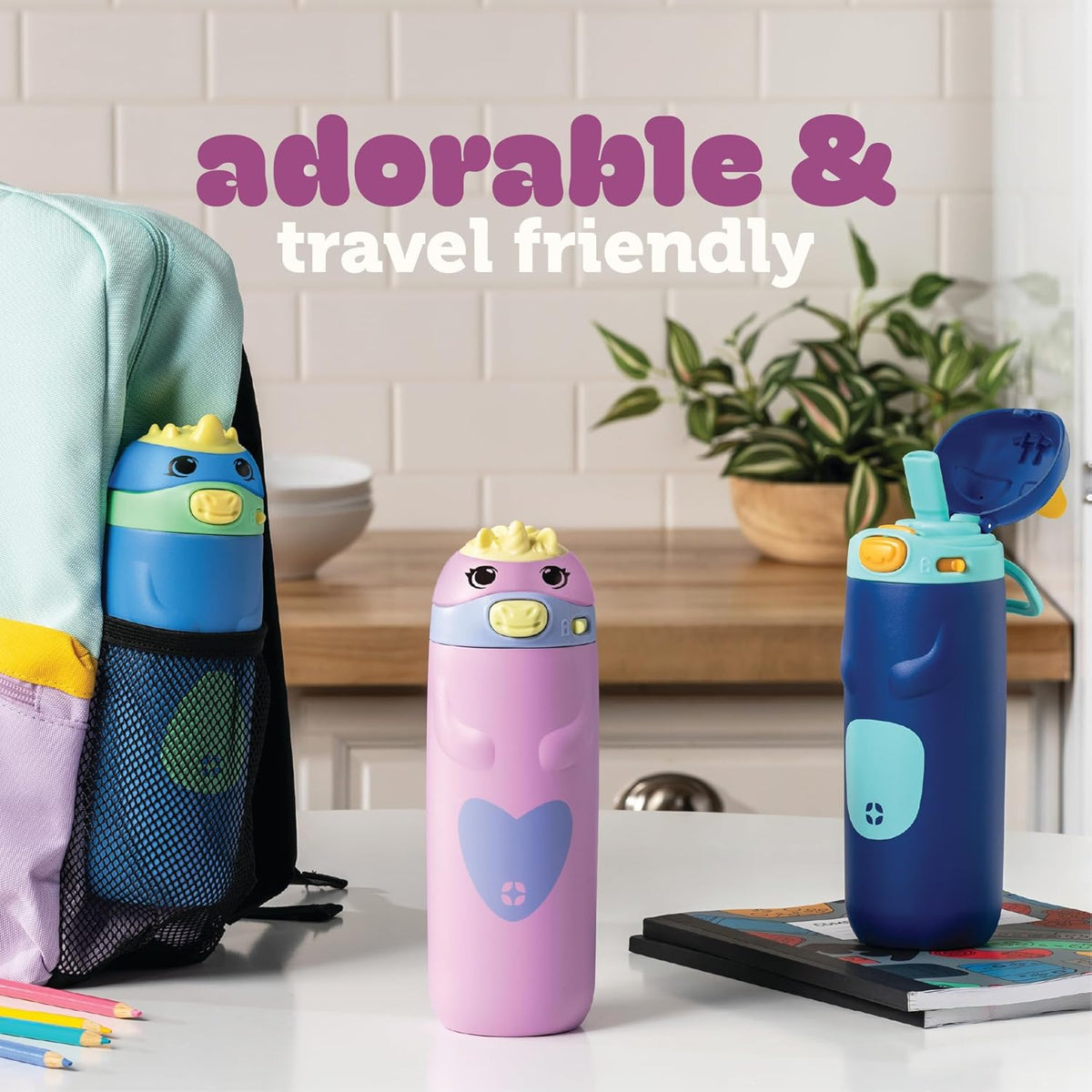 12 oz Vacuum Insulated Stainless Steel Kids Water Bottle with Straw Leakproof Locking Lid Carry Handle Animal Design
