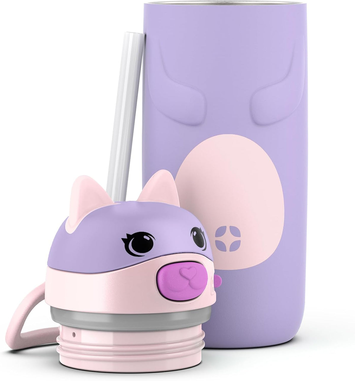 12 oz Vacuum Insulated Stainless Steel Kids Water Bottle with Straw Leakproof Locking Lid Carry Handle Animal Design Cat