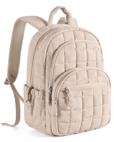15.6 Inch Laptop Backpack for Women Quilted Water-Resistant Travel Bag with Trolley Sleeve Camel