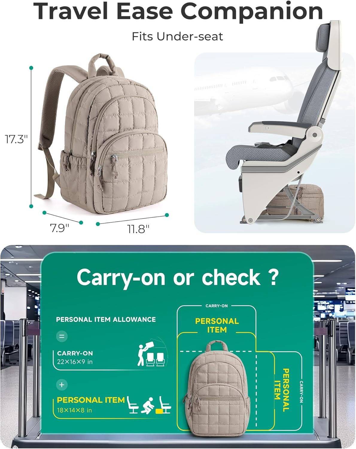 15.6 Inch Laptop Backpack for Women Quilted Water-Resistant Travel Bag with Trolley Sleeve Camel