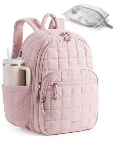 15.6 Inch Laptop Backpack for Women Quilted Water-Resistant Travel Bag with Trolley Sleeve Camel