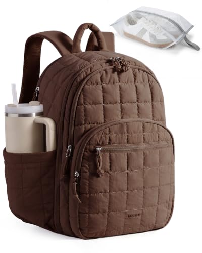 15.6 Inch Laptop Backpack for Women Quilted Water-Resistant Travel Bag with Trolley Sleeve Camel
