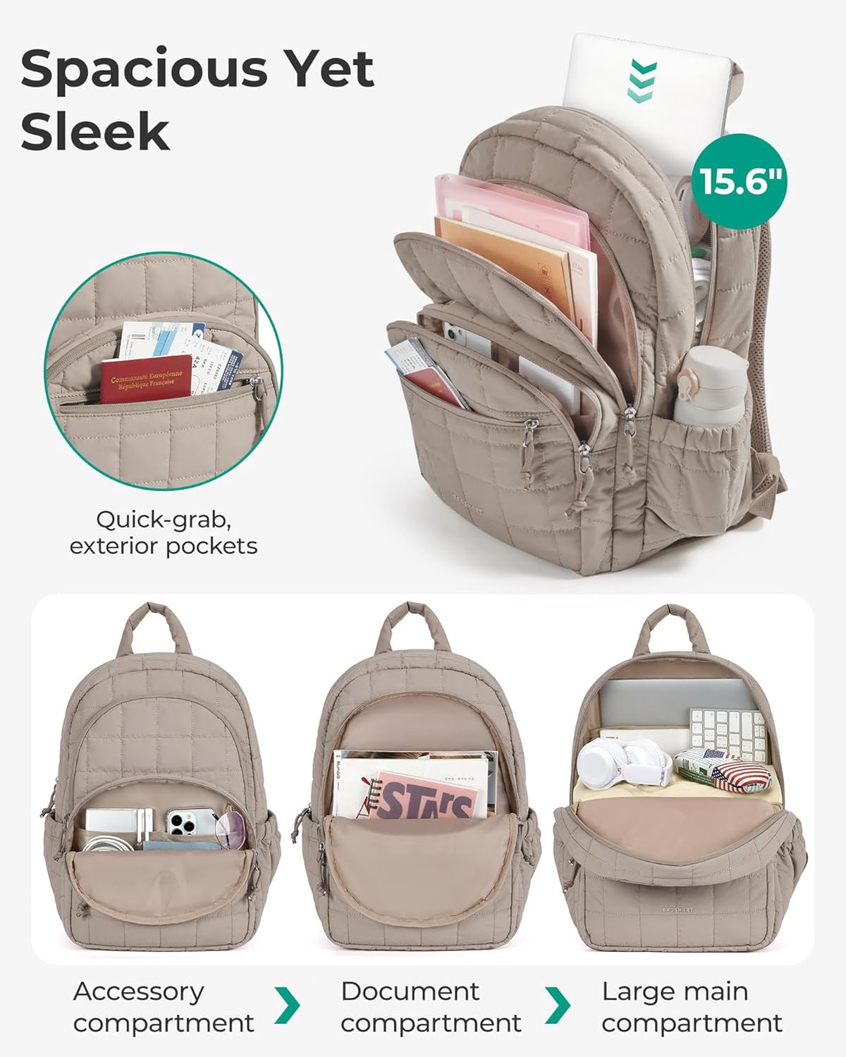 15.6 Inch Laptop Backpack for Women Quilted Water-Resistant Travel Bag with Trolley Sleeve Camel