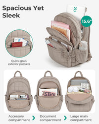 15.6 Inch Laptop Backpack for Women Quilted Water-Resistant Travel Bag with Trolley Sleeve Camel