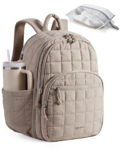 15.6 Inch Laptop Backpack for Women Quilted Water-Resistant Travel Bag with Trolley Sleeve Camel