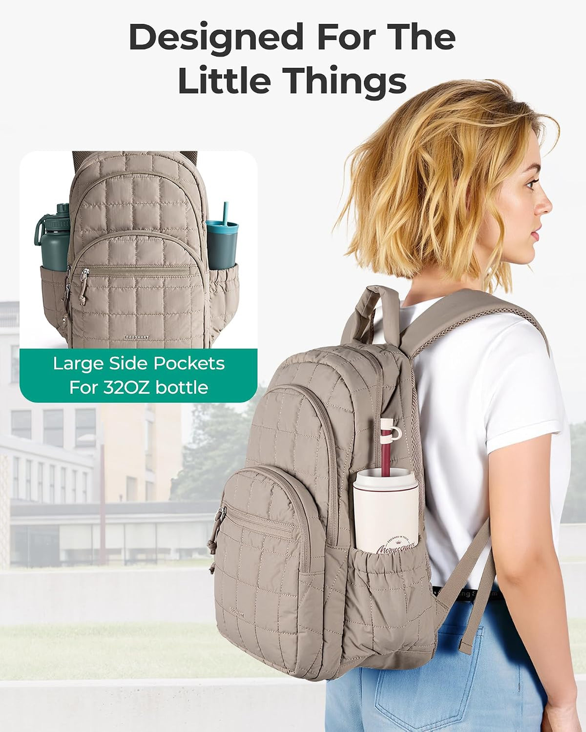 15.6 Inch Laptop Backpack for Women Quilted Water-Resistant Travel Bag with Trolley Sleeve Camel
