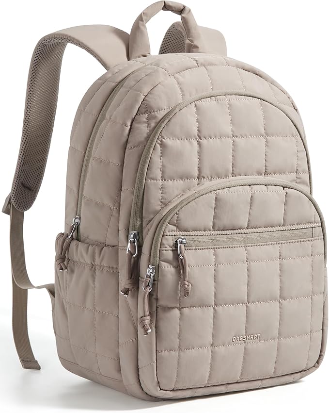 15.6 Inch Laptop Backpack for Women Quilted Water-Resistant Travel Bag with Trolley Sleeve Camel