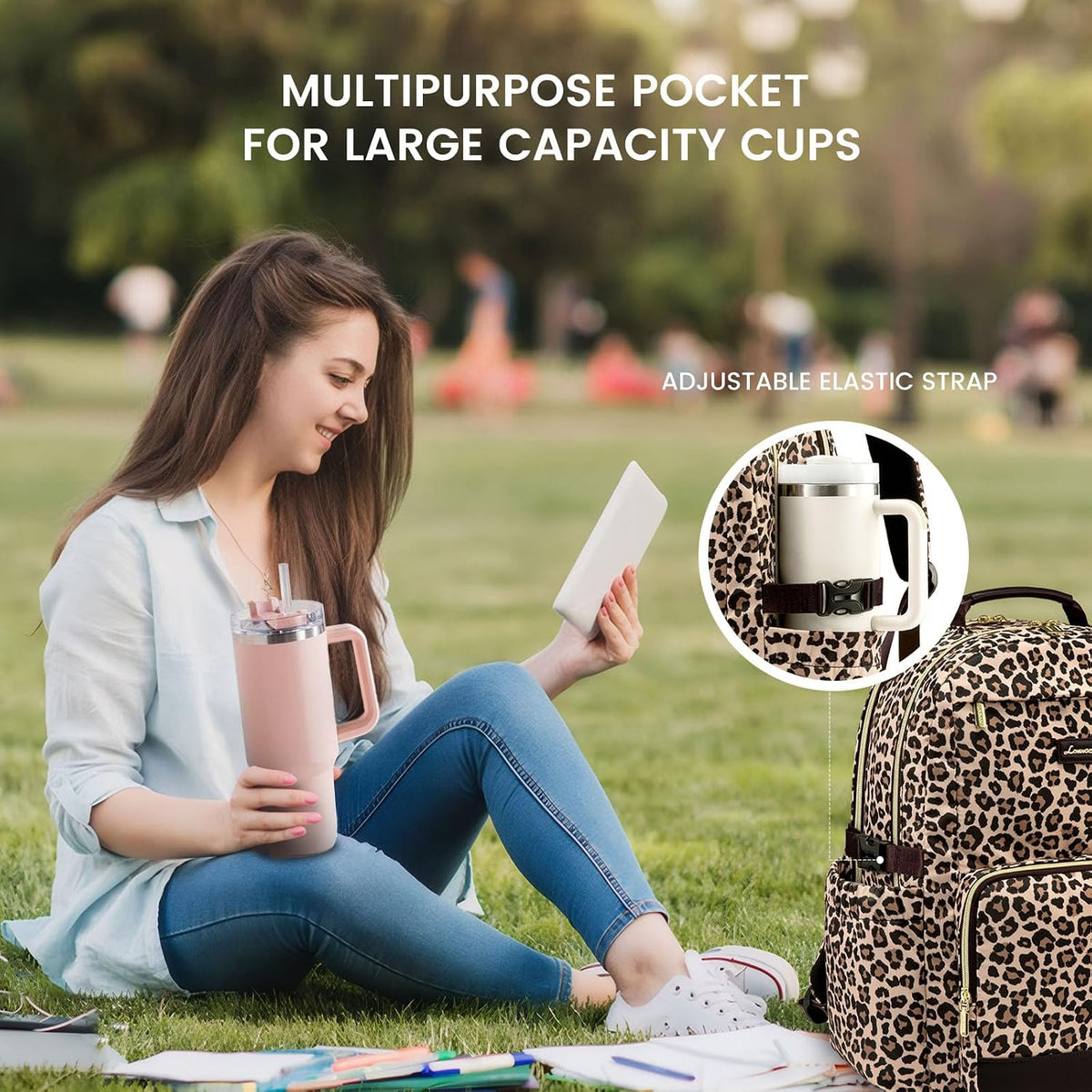 15.6 Inch Laptop Backpack for Women Water-Resistant Travel Bag with Trolley Sleeve Leopard Print