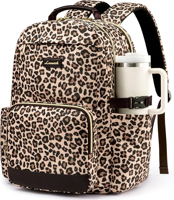 15.6 Inch Laptop Backpack for Women Water-Resistant Travel Bag with Trolley Sleeve Leopard Print