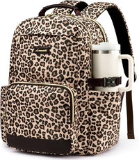 15.6 Inch Laptop Backpack for Women Water-Resistant Travel Bag with Trolley Sleeve Leopard Print