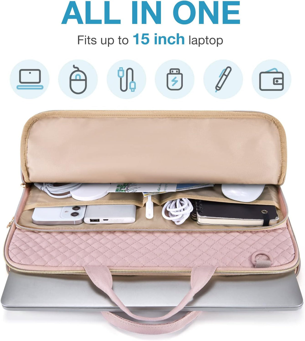 15.6 Inch Laptop Sleeve Case with Handle and Shoulder Strap Water-Resistant Polyester for MacBook HP Dell Pink