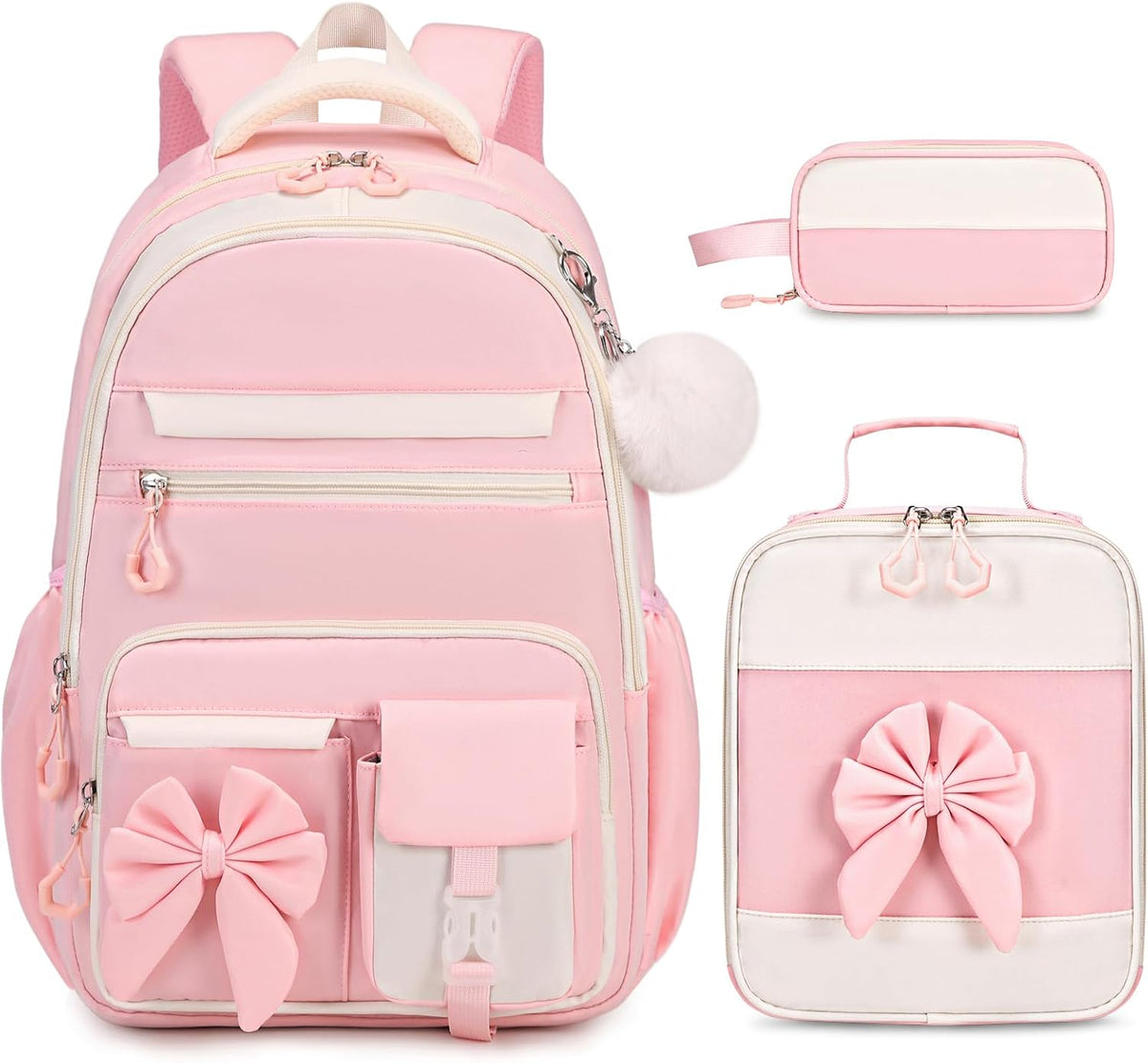 Girls Bow Backpack Set with Lunch Bag and Pencil Case 16.9 Inch School Bookbag for Kids Teens Beige-Pink