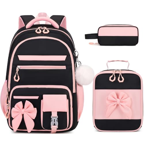 Girls Bow Backpack Set with Lunch Bag and Pencil Case 16.9 Inch School Bookbag for Kids Teens Beige-Pink