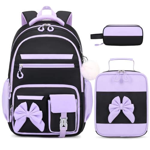 Girls Bow Backpack Set with Lunch Bag and Pencil Case 16.9 Inch School Bookbag for Kids Teens Beige-Pink