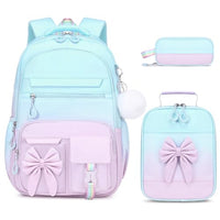 Girls Bow Backpack Set with Lunch Bag and Pencil Case 16.9 Inch School Bookbag for Kids Teens Beige-Pink