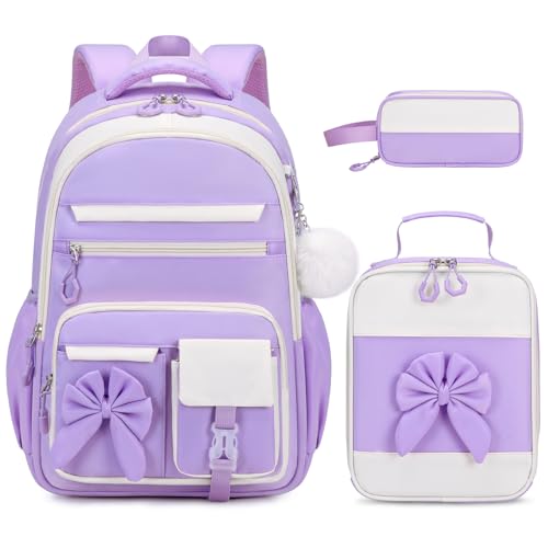 Girls Bow Backpack Set with Lunch Bag and Pencil Case 16.9 Inch School Bookbag for Kids Teens Beige-Pink