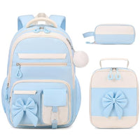 Girls Bow Backpack Set with Lunch Bag and Pencil Case 16.9 Inch School Bookbag for Kids Teens Beige-Pink