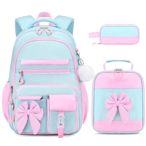 Girls Bow Backpack Set with Lunch Bag and Pencil Case 16.9 Inch School Bookbag for Kids Teens Beige-Pink