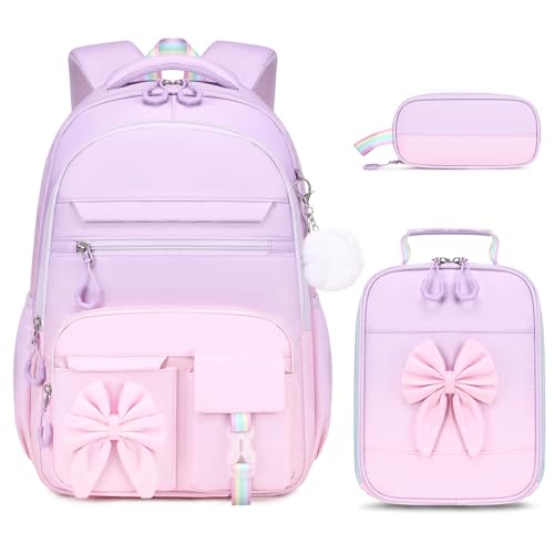 Girls Bow Backpack Set with Lunch Bag and Pencil Case 16.9 Inch School Bookbag for Kids Teens Beige-Pink