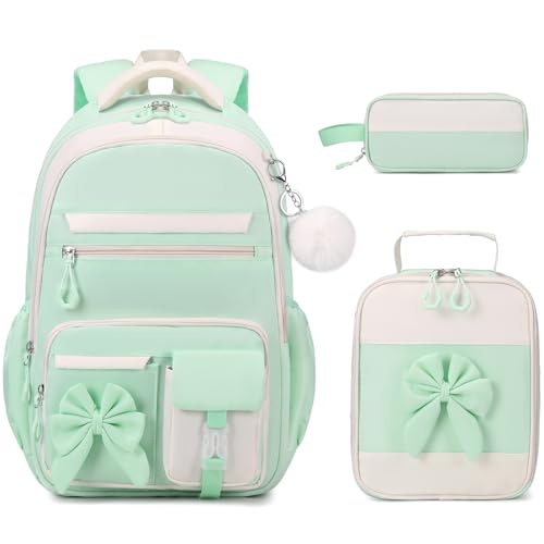 Girls Bow Backpack Set with Lunch Bag and Pencil Case 16.9 Inch School Bookbag for Kids Teens Beige-Pink
