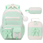 Girls Bow Backpack Set with Lunch Bag and Pencil Case 16.9 Inch School Bookbag for Kids Teens Beige-Pink