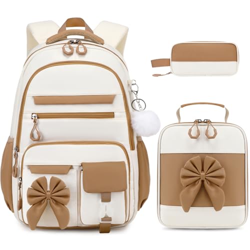 Girls Bow Backpack Set with Lunch Bag and Pencil Case 16.9 Inch School Bookbag for Kids Teens Beige-Pink
