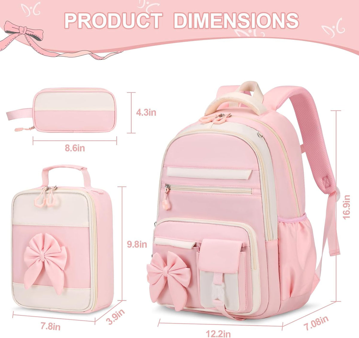 Girls Bow Backpack Set with Lunch Bag and Pencil Case 16.9 Inch School Bookbag for Kids Teens Beige-Pink