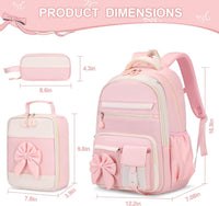 Girls Bow Backpack Set with Lunch Bag and Pencil Case 16.9 Inch School Bookbag for Kids Teens Beige-Pink