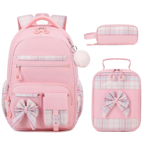 Girls Bow Backpack Set with Lunch Bag and Pencil Case 16.9 Inch School Bookbag for Kids Teens Beige-Pink