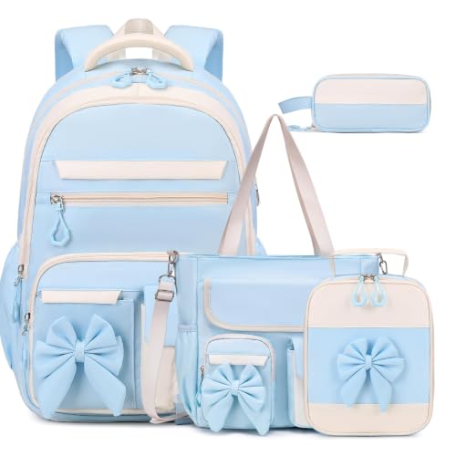 Girls Bow Backpack Set with Lunch Bag and Pencil Case 16.9 Inch School Bookbag for Kids Teens Beige-Pink