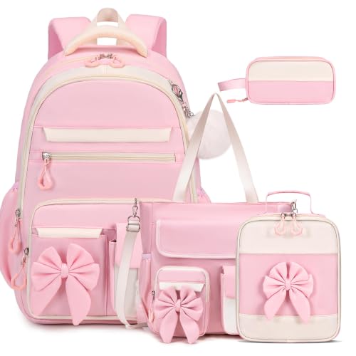 Girls Bow Backpack Set with Lunch Bag and Pencil Case 16.9 Inch School Bookbag for Kids Teens Beige-Pink