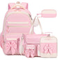 Girls Bow Backpack Set with Lunch Bag and Pencil Case 16.9 Inch School Bookbag for Kids Teens Beige-Pink