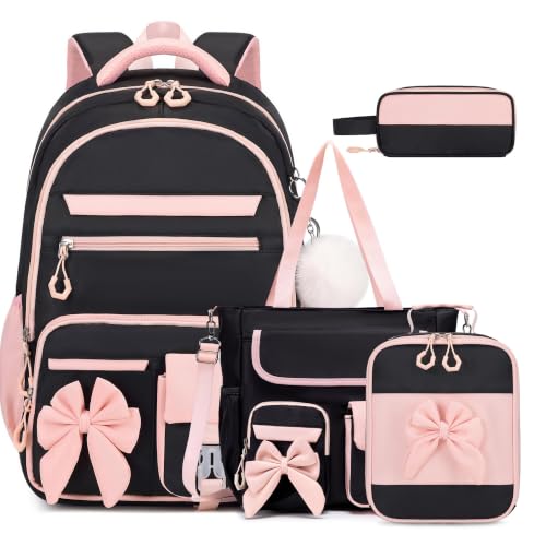 Girls Bow Backpack Set with Lunch Bag and Pencil Case 16.9 Inch School Bookbag for Kids Teens Beige-Pink