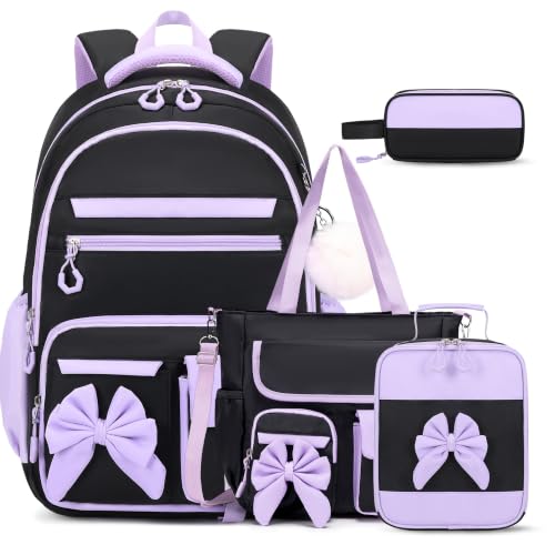 Girls Bow Backpack Set with Lunch Bag and Pencil Case 16.9 Inch School Bookbag for Kids Teens Beige-Pink