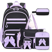 Girls Bow Backpack Set with Lunch Bag and Pencil Case 16.9 Inch School Bookbag for Kids Teens Beige-Pink