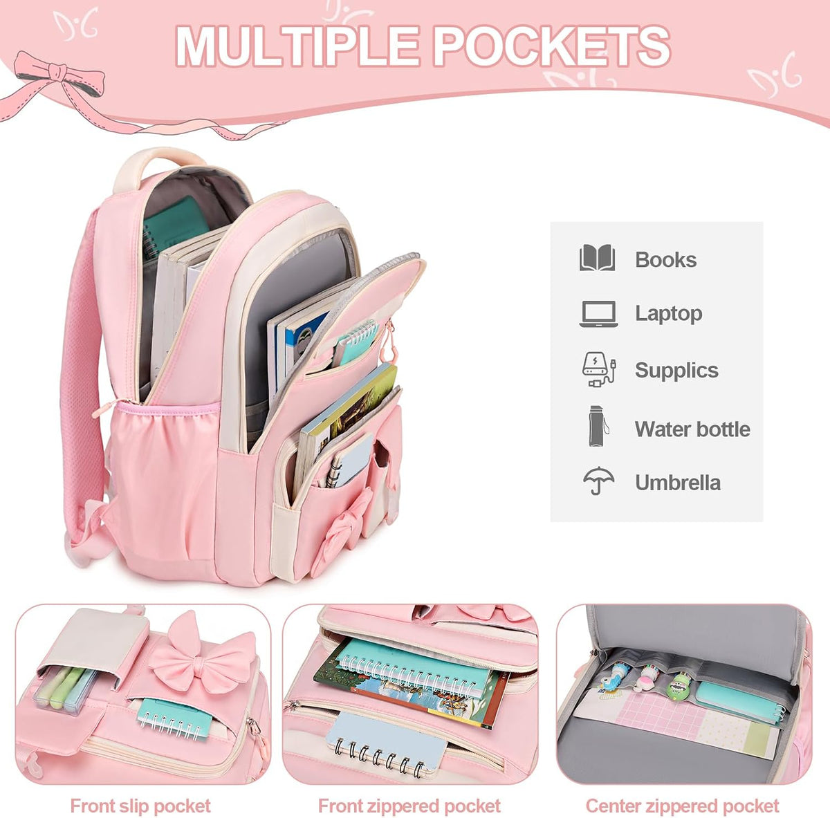 Girls Bow Backpack Set with Lunch Bag and Pencil Case 16.9 Inch School Bookbag for Kids Teens Beige-Pink