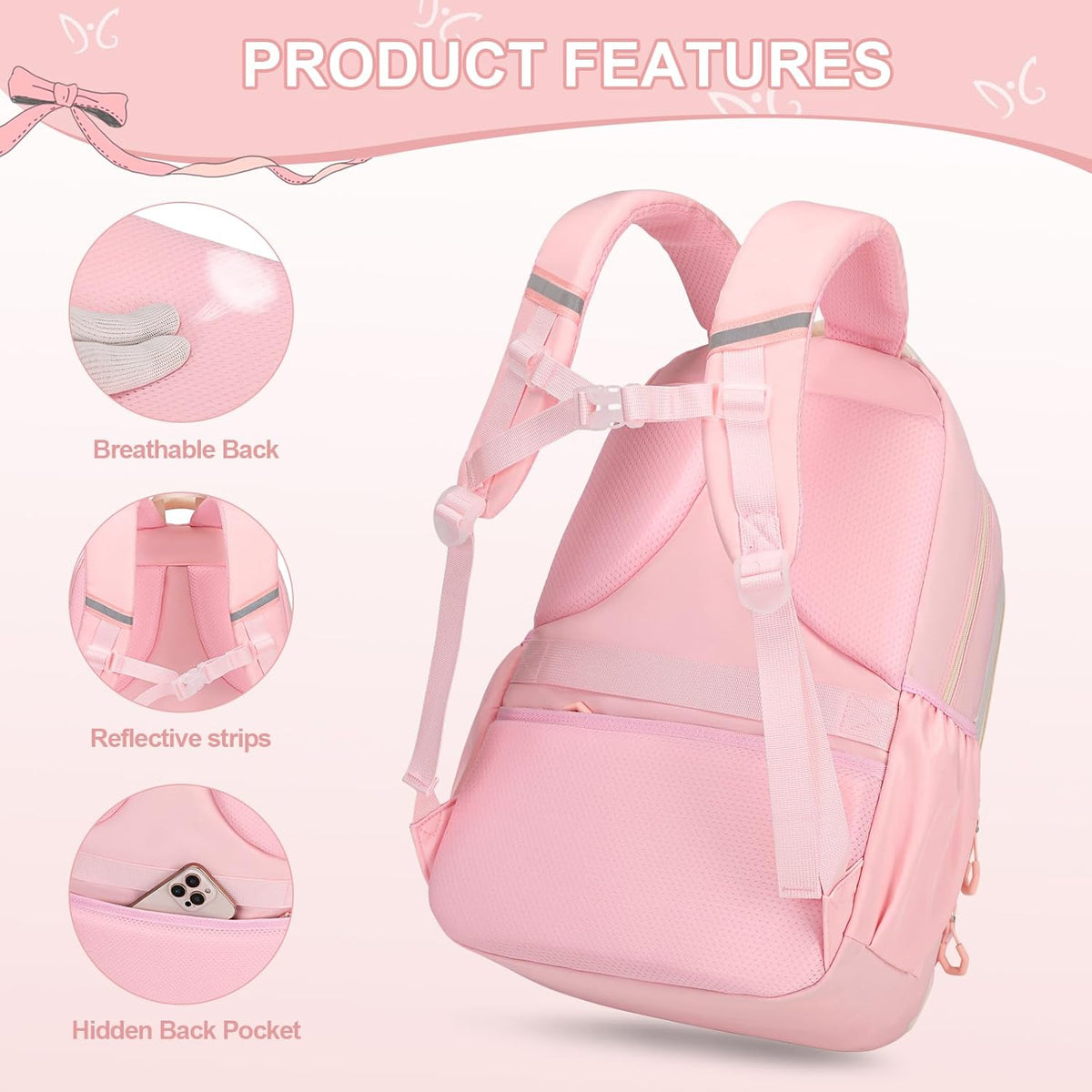 Girls Bow Backpack Set with Lunch Bag and Pencil Case 16.9 Inch School Bookbag for Kids Teens Beige-Pink