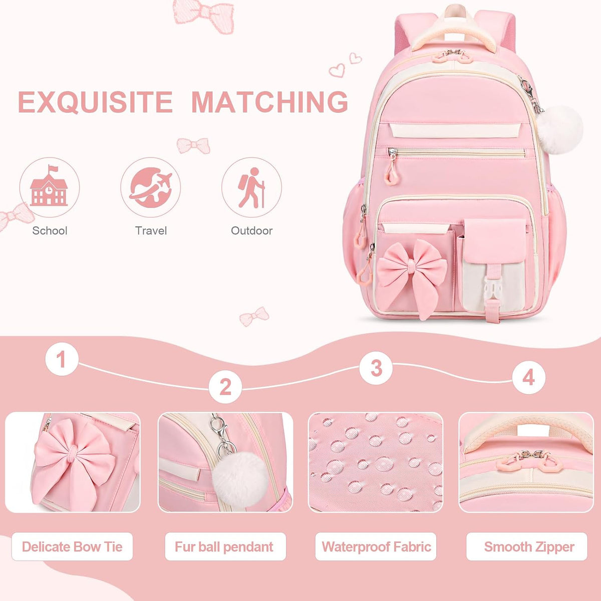 Girls Bow Backpack Set with Lunch Bag and Pencil Case 16.9 Inch School Bookbag for Kids Teens Beige-Pink