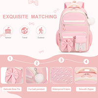 Girls Bow Backpack Set with Lunch Bag and Pencil Case 16.9 Inch School Bookbag for Kids Teens Beige-Pink